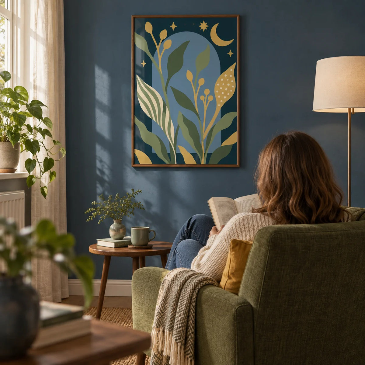 Celestial Wall Art, framed on the wall of a quiet reading corner in a UK first home with a muted blue painted wall in a living room
