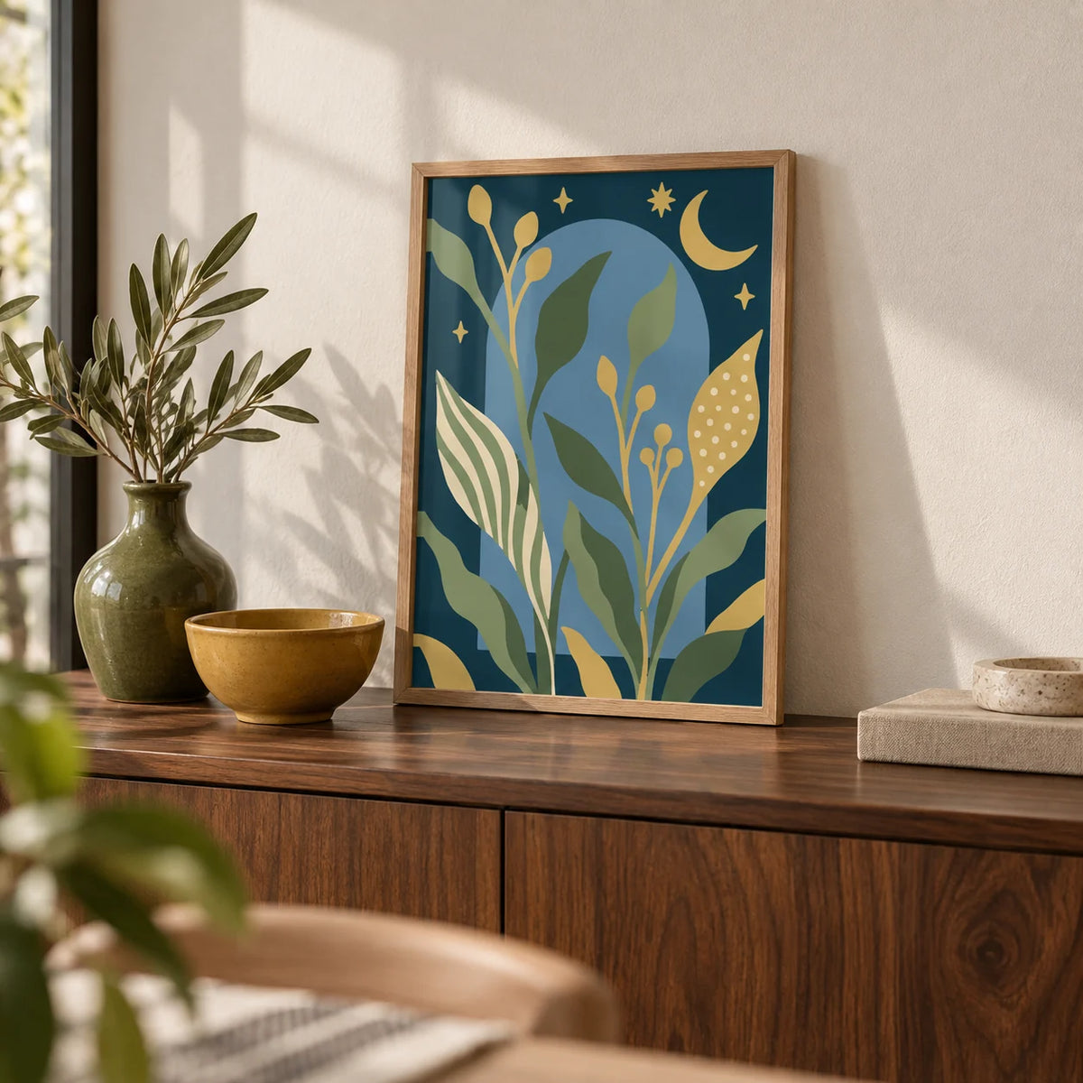 Celestial Wall Art, a small A4 framed print leaning on a walnut sideboard in a living room