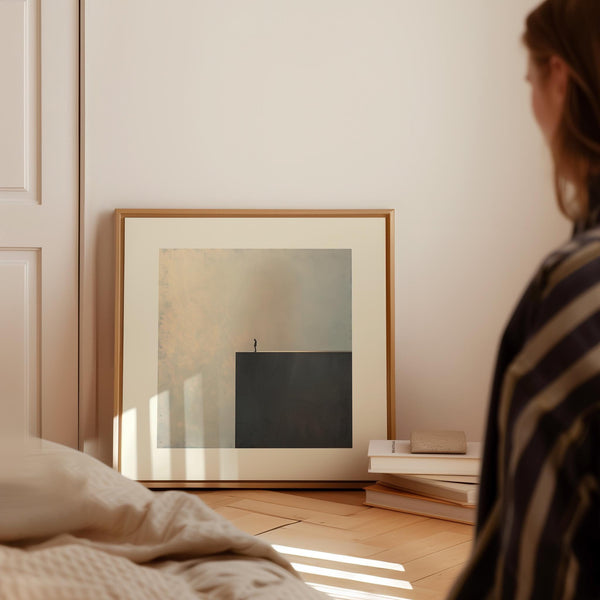 Moody minimalist print featuring a dreamlike landscape and a solitary figure