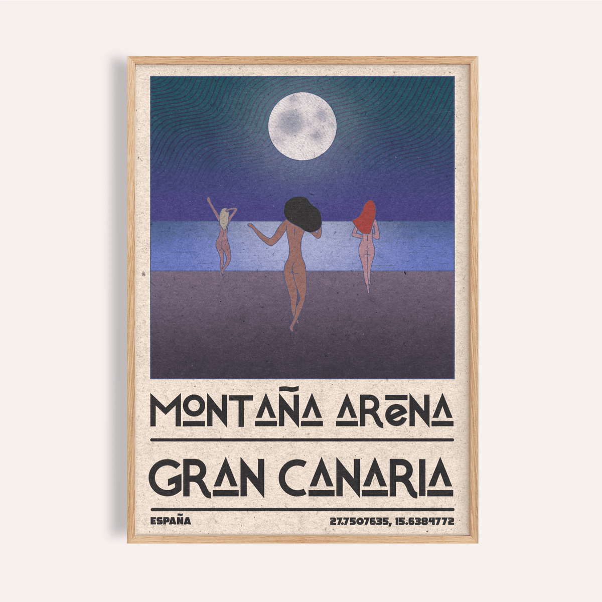 Nude Beach Art Print with three figures walking toward moonlit ocean