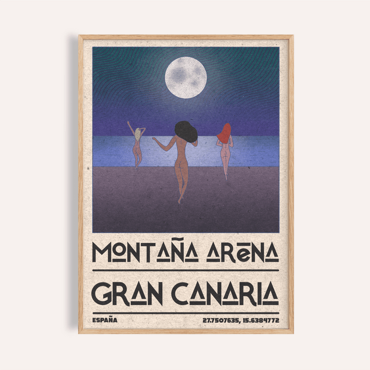 Nude Beach Art Print with three figures walking toward moonlit ocean