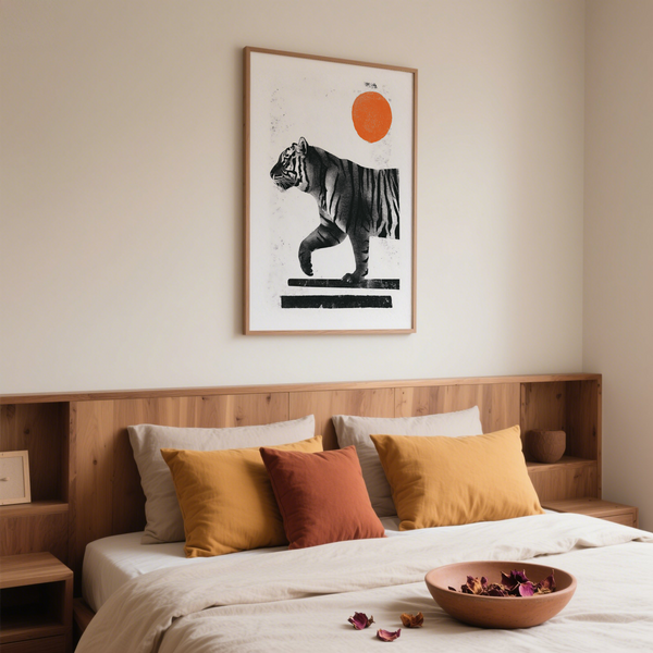 Textured tiger artwork print with strong contrast and simplified forms