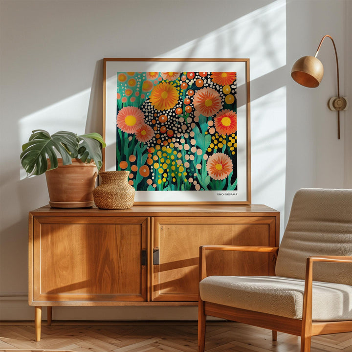 Colorful flower art displayed in a wooden frame above a sideboard with plants and basket