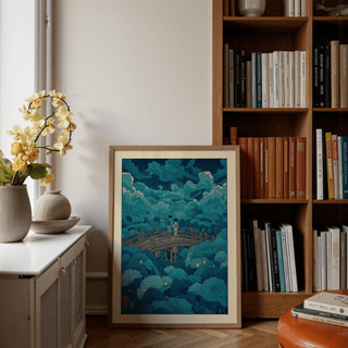 Foreground lotus pads and buds wall art print with bridge spanning mid-scene