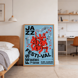 Stylized band wall art print featuring bassist silhouette, trumpet, and snare drum