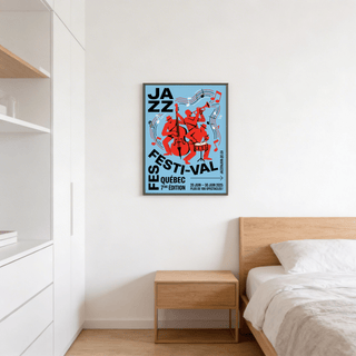 Blue and Red jazz festival wall art print with bold black type