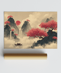 Chinese Ink Wall Art on Beige background with Pink and Blue details, wall art