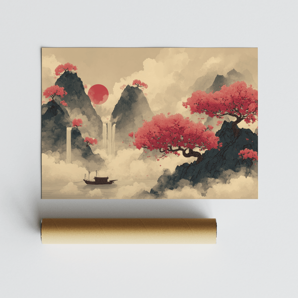 Chinese Ink Wall Art on Beige background with Pink and Blue details, wall art