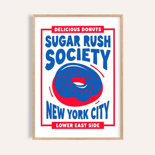 Donut Wall Art print with red and blue for a kitchen decor poster