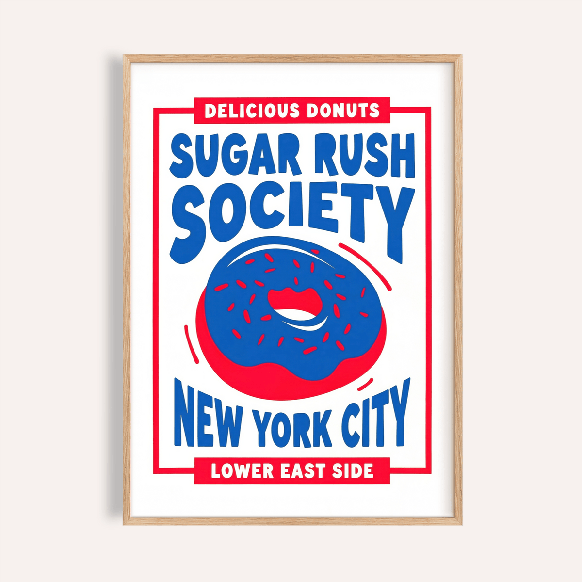 Donut Wall Art print with red and blue for a kitchen decor poster