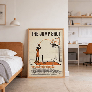 Angled presentation of Jump Shot Diagram Print as wall art highlighting the shooter figure and shot zone label