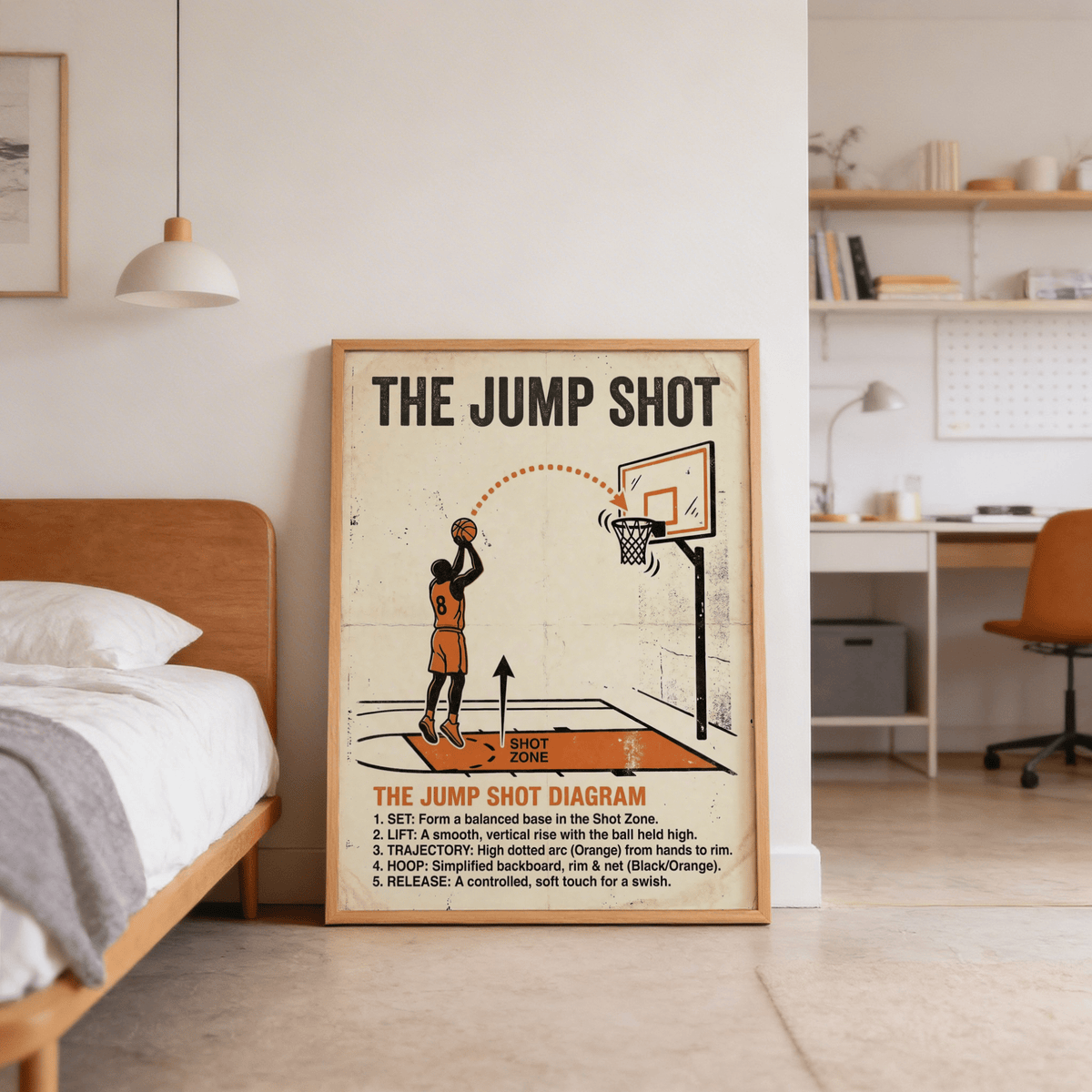 Angled presentation of Jump Shot Diagram Print as wall art highlighting the shooter figure and shot zone label
