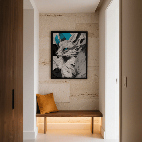 Art print of a Japanese Fox Print with Blue highlights for living room