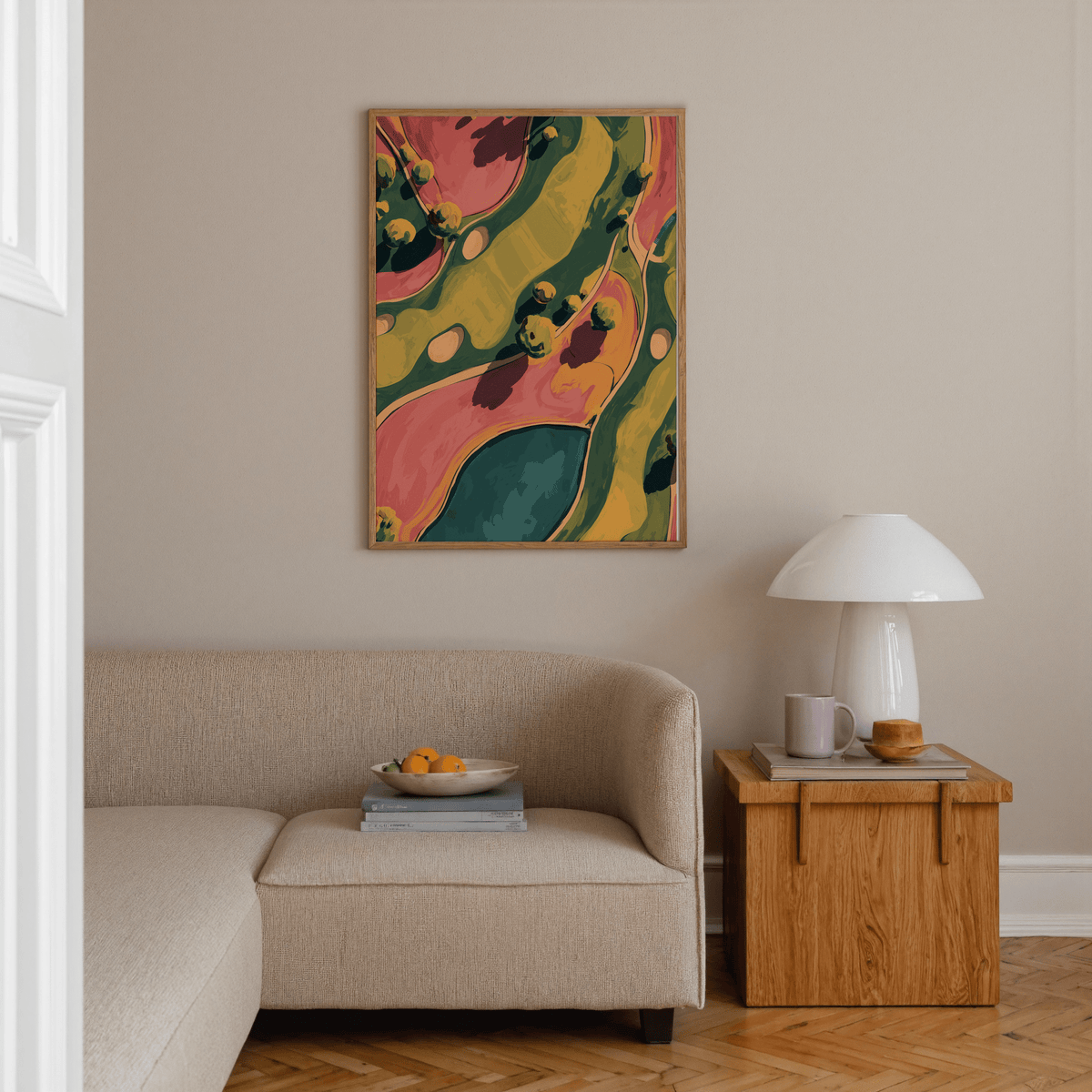 Curving fairway golf wall art print with round trees and pale sand traps