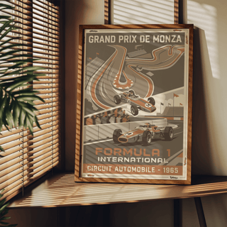 Highlighting retro motorsport wall art print with FORMULA 1 INTERNATIONAL lettering and track map graphic
