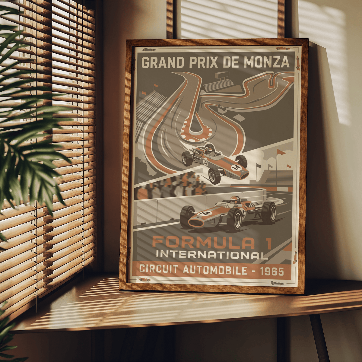 Highlighting retro motorsport wall art print with FORMULA 1 INTERNATIONAL lettering and track map graphic
