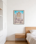 Vertical tower element city poster print with geometric structure beside the main building