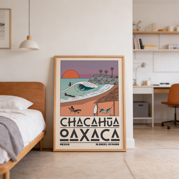 Flat graphic of curling wave and palm-topped jetty in blue, orange, beige