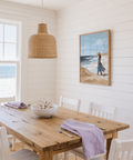 Coastal Beach Woman Art Print featuring Blue and White hues for living room