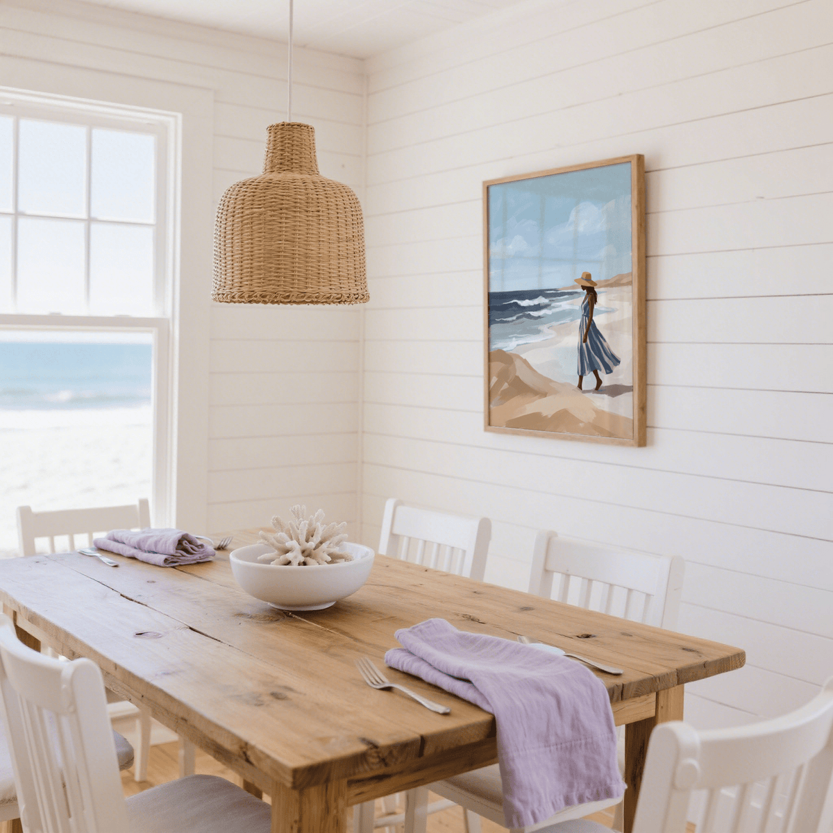 Coastal Beach Woman Art Print featuring Blue and White hues for living room