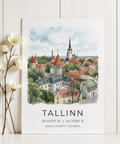 Travel poster print of Tallinn skyline with birds and coordinate text at bottom