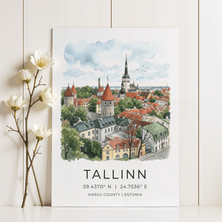 Travel poster print of Tallinn skyline with birds and coordinate text at bottom
