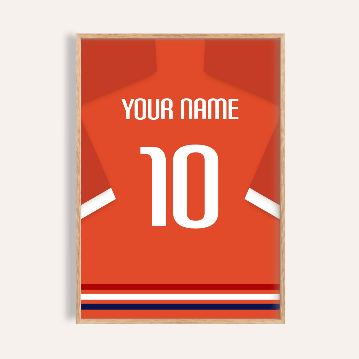 Netherlands Football Shirt Poster with custom name and number 10 displayed on wall