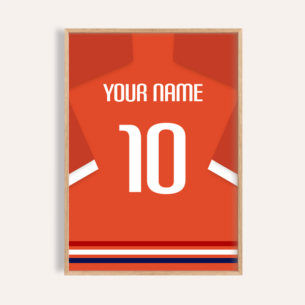 Netherlands Football Shirt Poster with custom name and number 10 displayed on wall