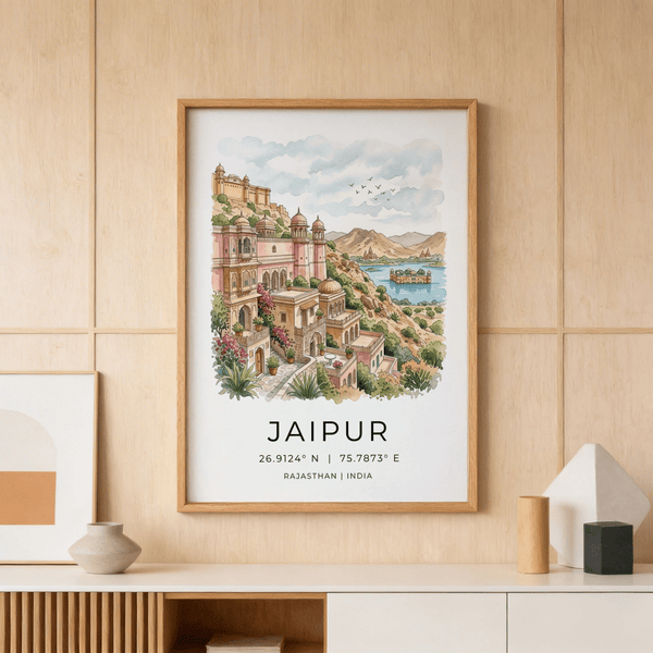 Watercolor-style Jaipur Art Print with hillside palace facade and distant mountains
