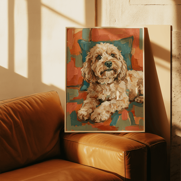 Cockapoo Print wall art using Orange highlights in a cozy reading nook