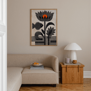 Wide view of Lotus Fish Wall Art featuring lotus bloom, fish, and striped ground pattern