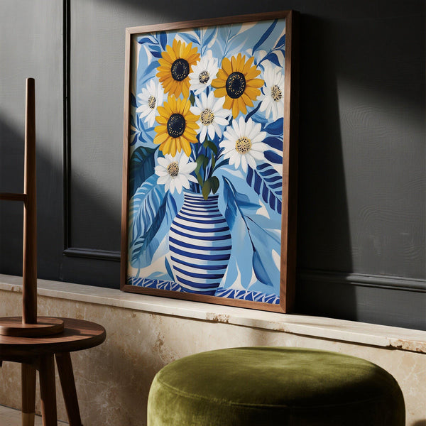 Art of Sunflowers illustration showing bright blooms in a classic ceramic vase.