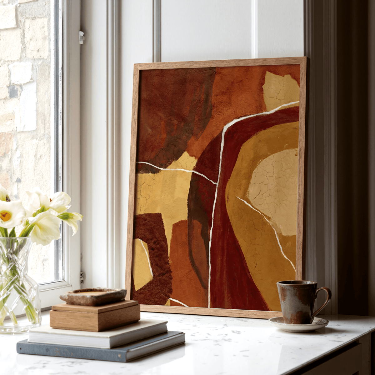 Abstract Earth Tones Print utilizing beige and red for office wall poster