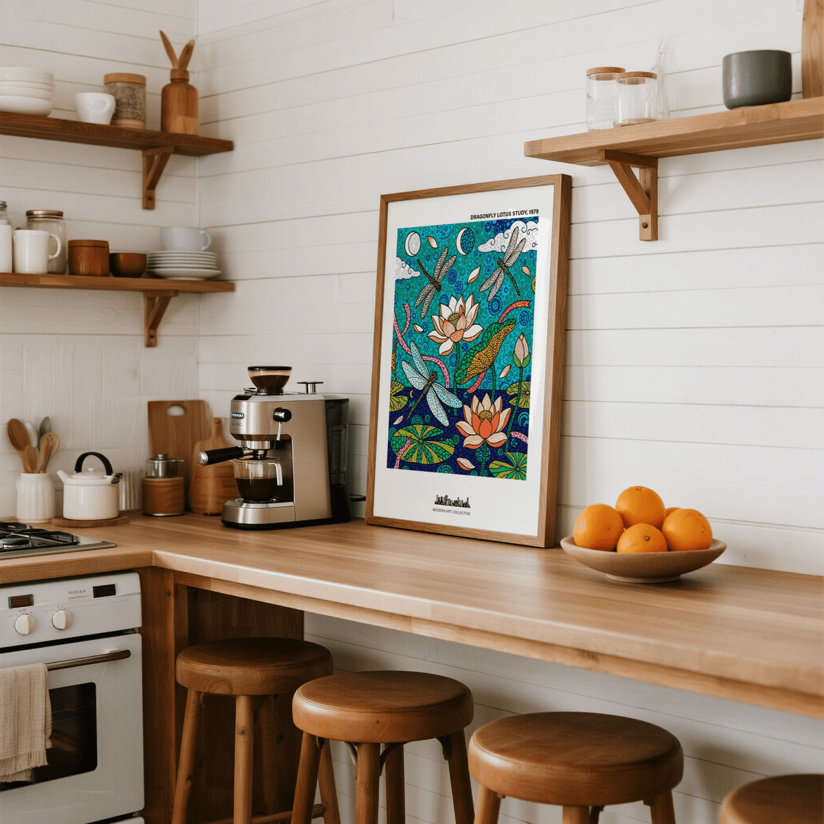 Botanical illustration wall art print with lotus blossoms, stems, and water patterns