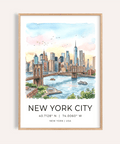 New York City Wall Art watercolor skyline with Brooklyn Bridge and boats