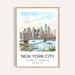 New York City Wall Art watercolor skyline with Brooklyn Bridge and boats