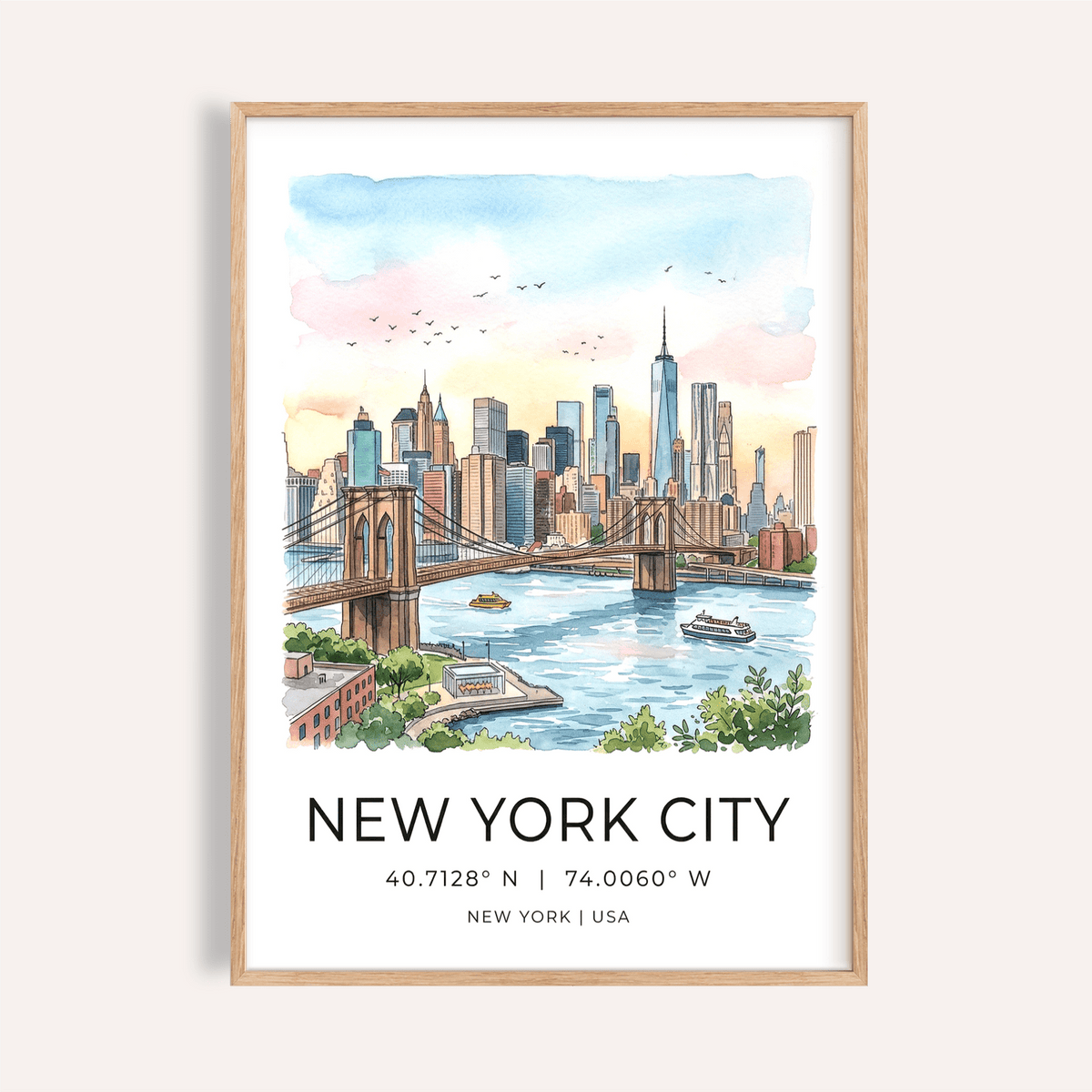 New York City Wall Art watercolor skyline with Brooklyn Bridge and boats