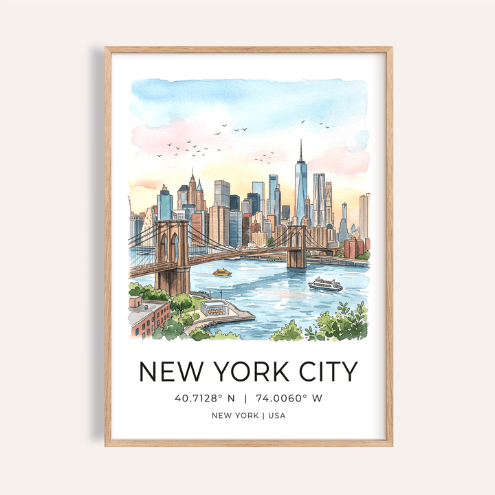 New York City Wall Art watercolor skyline with Brooklyn Bridge and boats