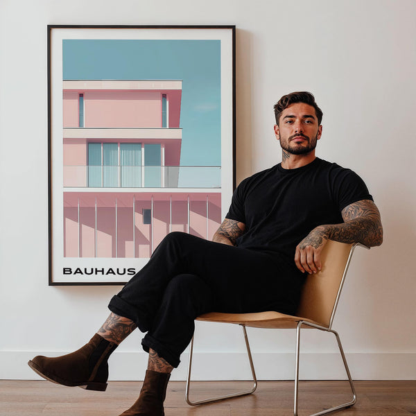 Pink modern structure with white framing featured in mid century art art.