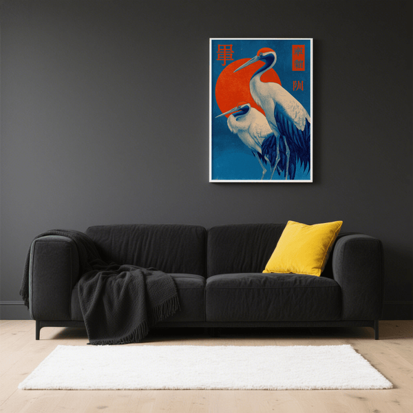 Home decor with Cranes Art Print, Red and Blue colors, hallway poster