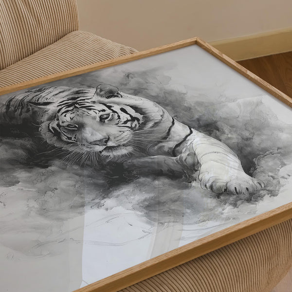 Landscape tiger print featuring a detailed tiger head in monochrome.