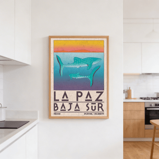 Coastal wildlife illustration with oversized LA PAZ letters and horizon stripe