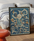 Illustrated Jizo wall art print showing robed figure holding staff and coin among cloud swirls