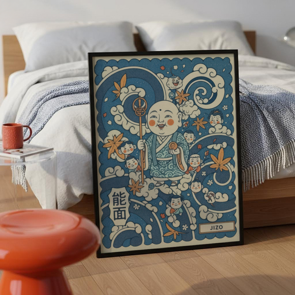 Illustrated Jizo wall art print showing robed figure holding staff and coin among cloud swirls