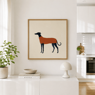 Modern canine illustration featuring orange stripe across lean body