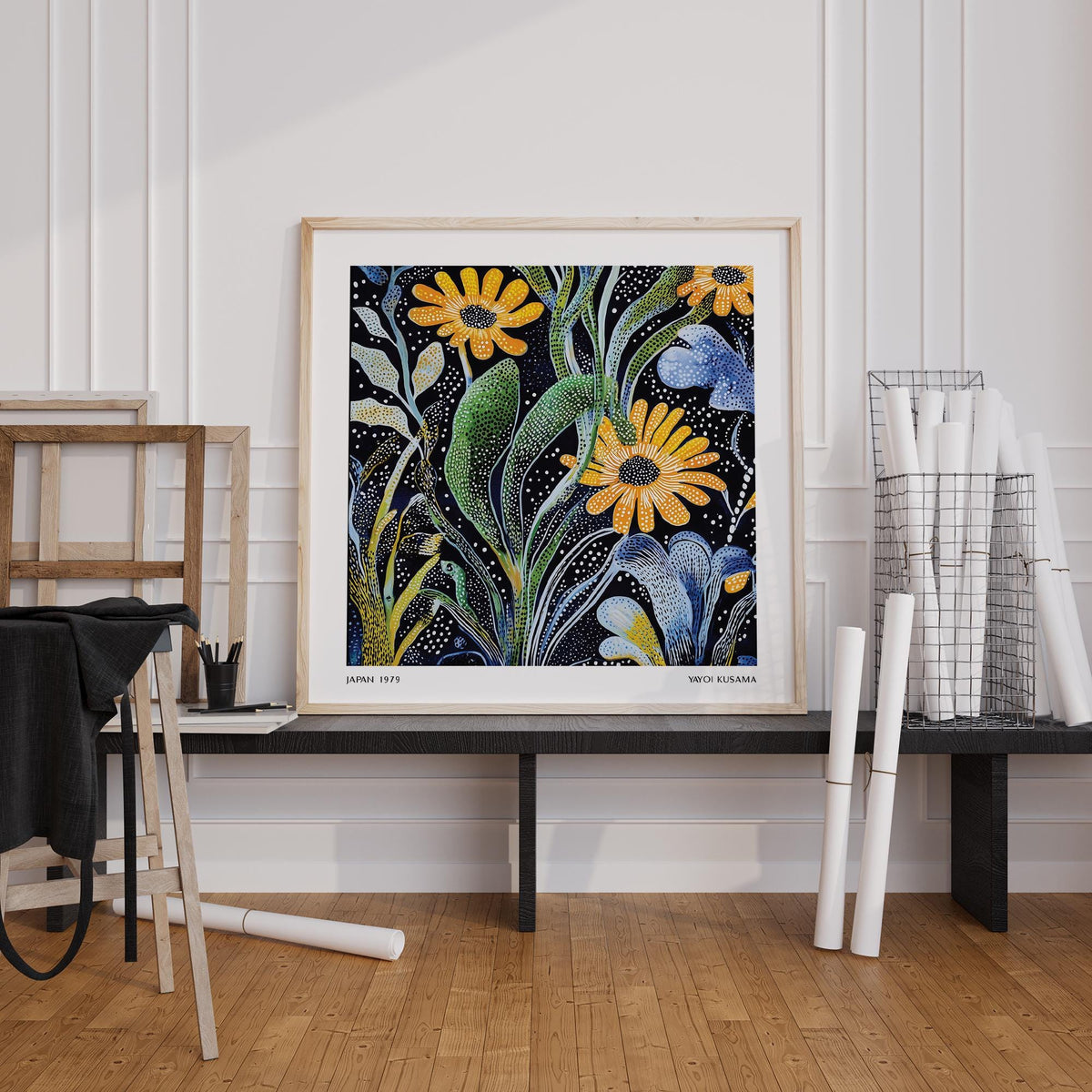 Detailed Japanese Floral Print showcasing yellow blooms and blue abstract petals.