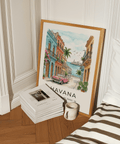 Travel poster of Havana Cuba with street perspective, ocean horizon, and birds in sky