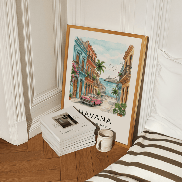 Travel poster of Havana Cuba with street perspective, ocean horizon, and birds in sky