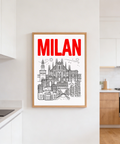 Clean composition Milan poster print with oversized title text and negative space