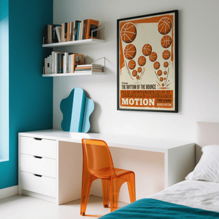 Vintage Basketball Motion Art wall art with rhythmic bounce pattern and bold headline text